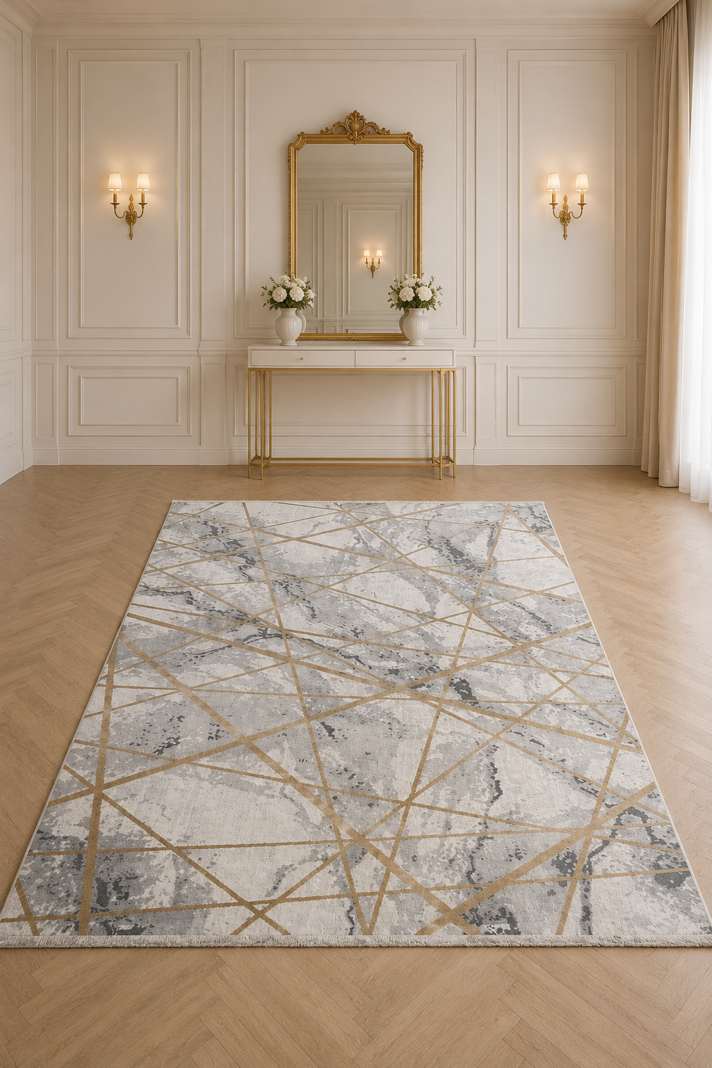 Urbino 607 “Golden Lines” Modern Marble Rug – Grey & Gold Abstract Geometric Area Carpet