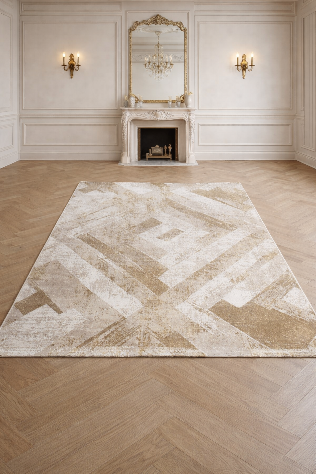 Urbino 407 “Golden Geometry” Modern Abstract Rug – Beige & Gold Geometric Area Carpet
