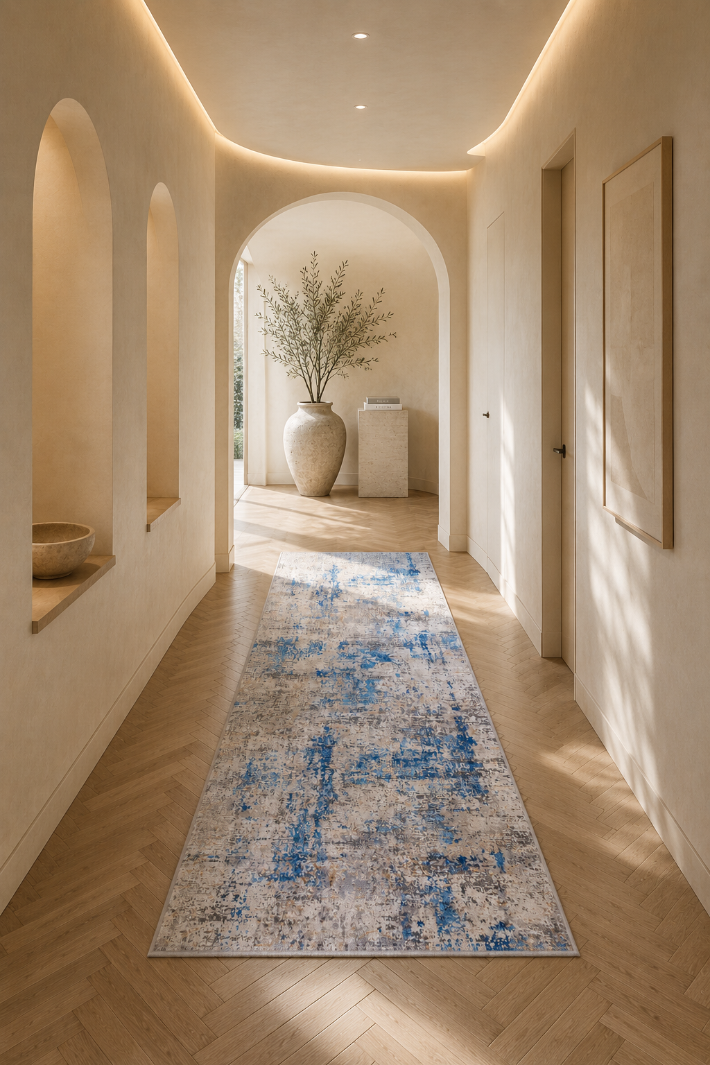 Efes 94 Blue Contemporary Distressed Runner Carpet for Hallway & Entryway