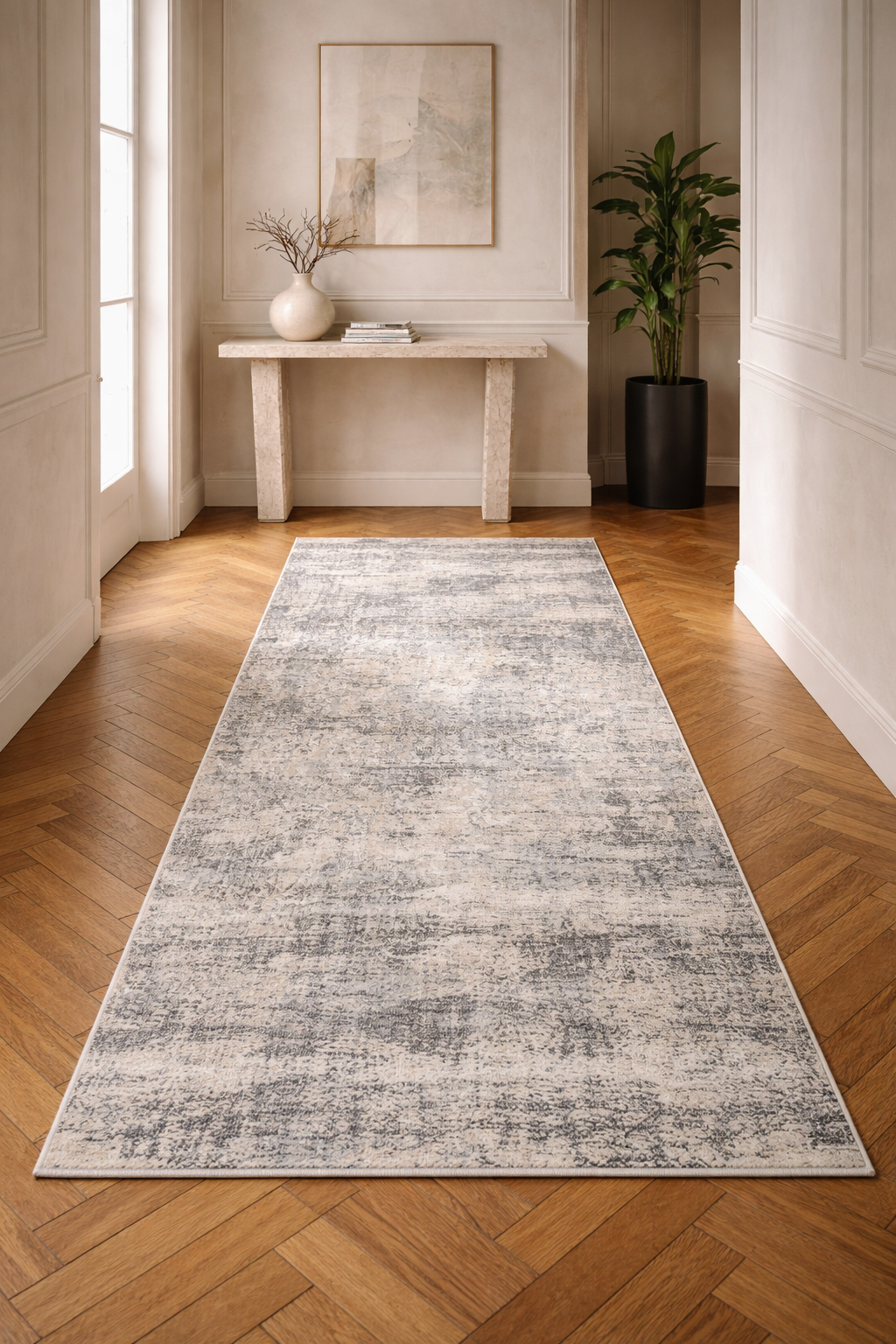 Efes 93 Grey & White Contemporary Runner Rug – Soft Neutral Hallway Carpet