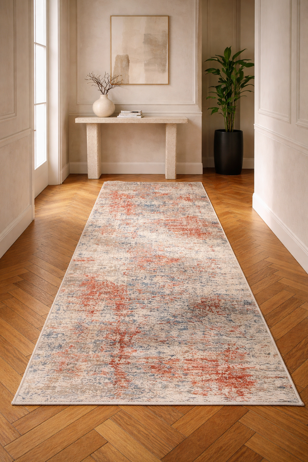 Efes 94 Salmon Distressed Abstract Runner – Warm Contemporary Hallway Rug
