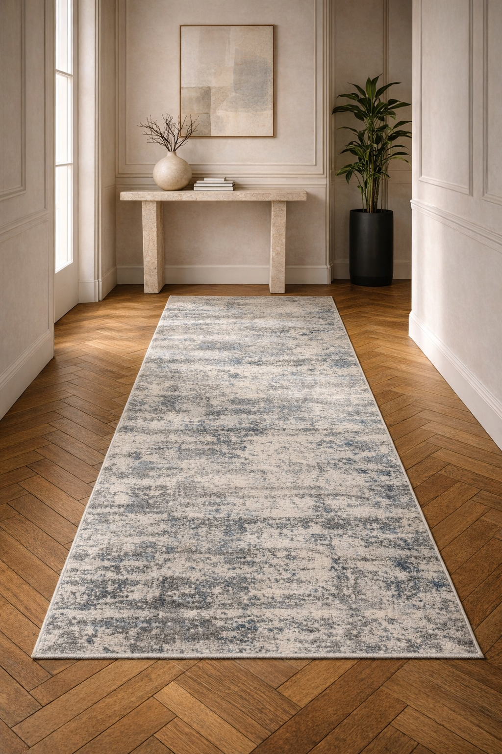 Efes 93 White / Gold Contemporary Runner Rug – Soft Neutral Hallway Carpet