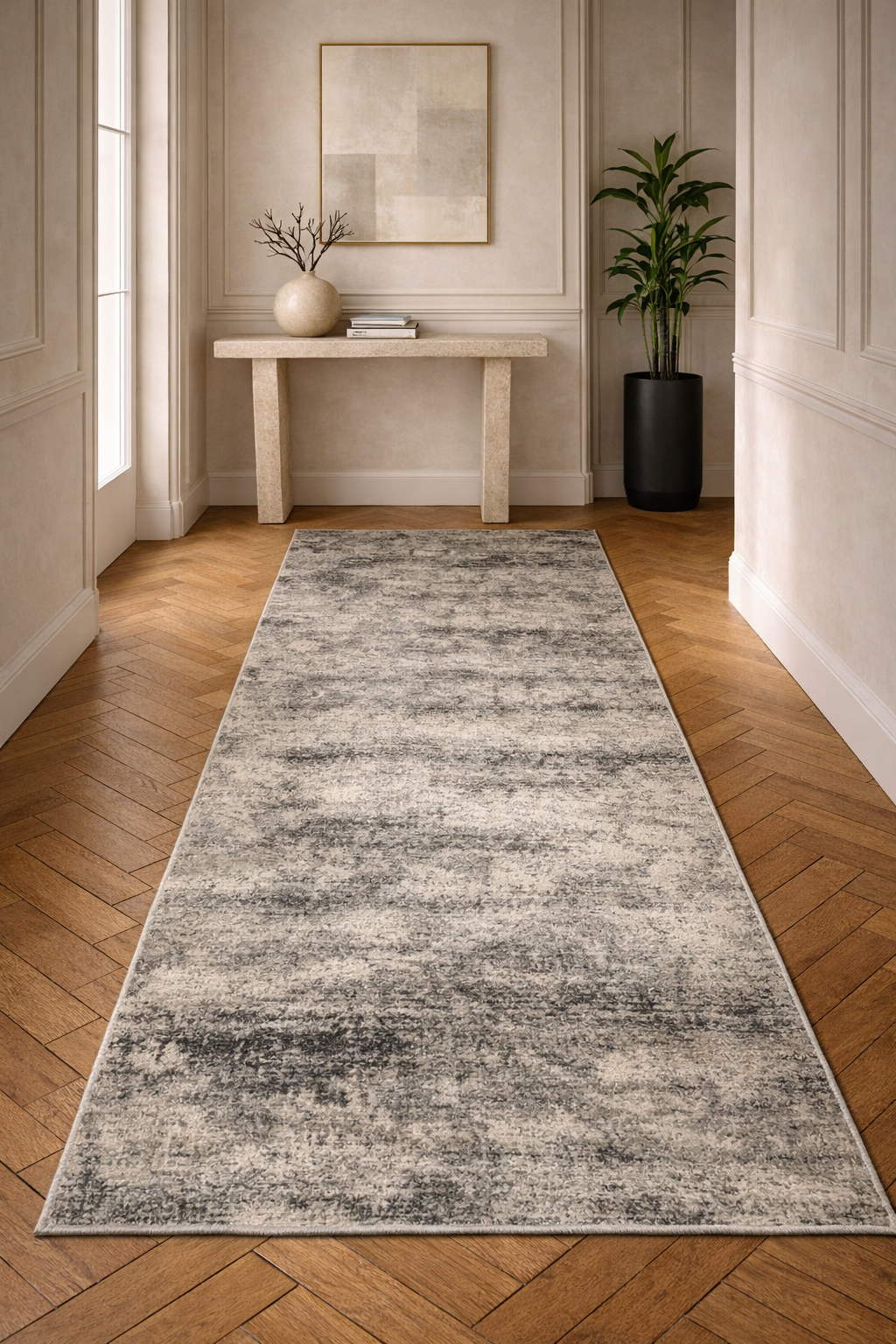 Efes 82 Grey Distressed Abstract Runner Rug – Contemporary Hallway Carpet