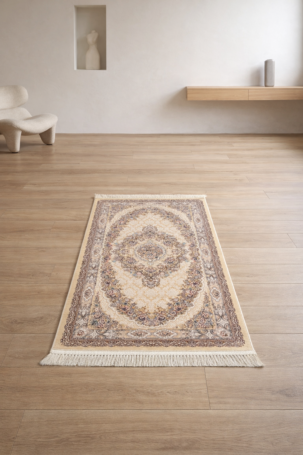 Mashhad Shaygan Ivory Medallion Carpet – Classic Persian Elegance for Living Spaces