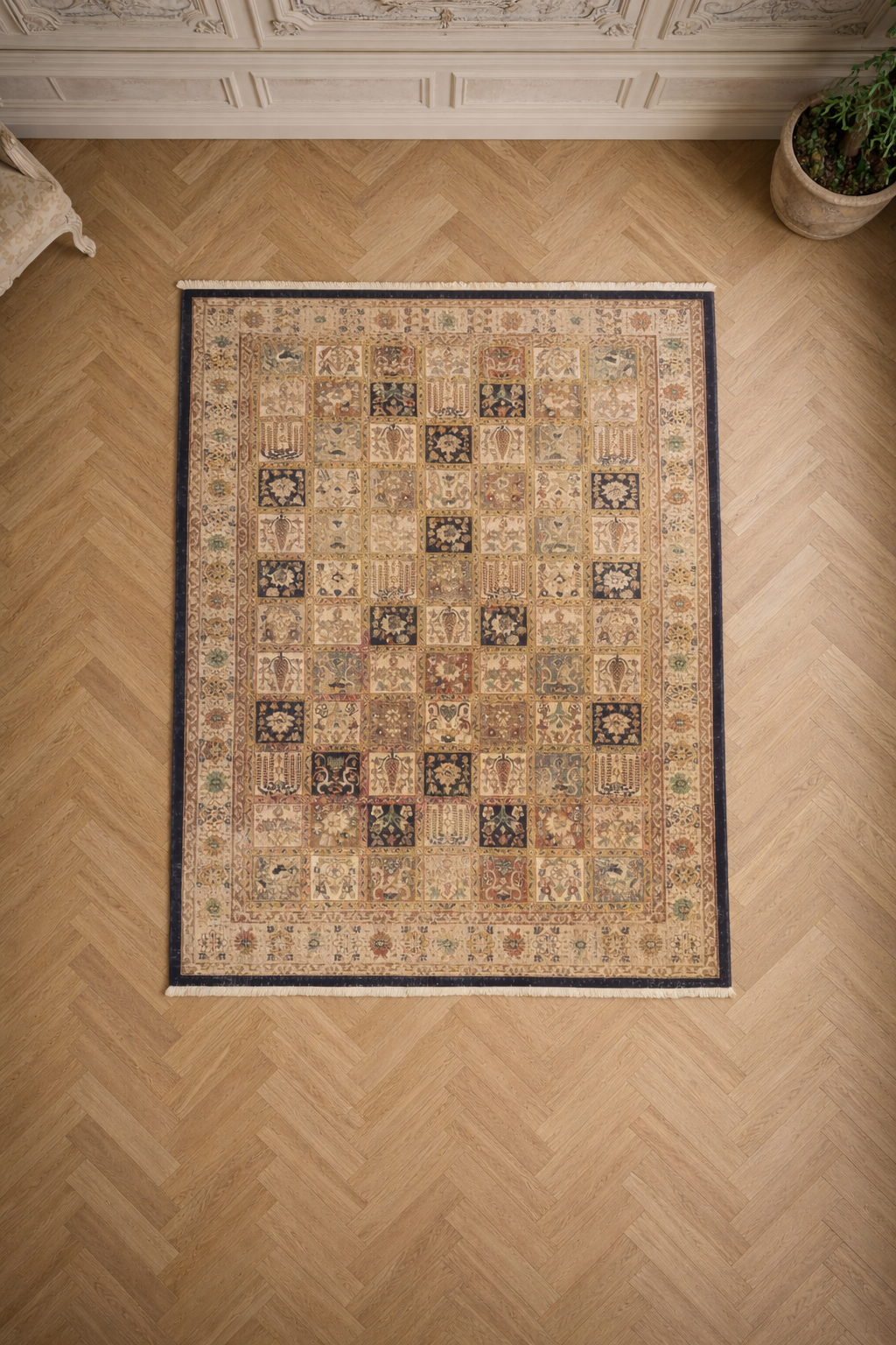 Taftan “Heritage Mosaic” Persian Patchwork Rug – Vintage Oriental Area Carpet in Beige & Navy