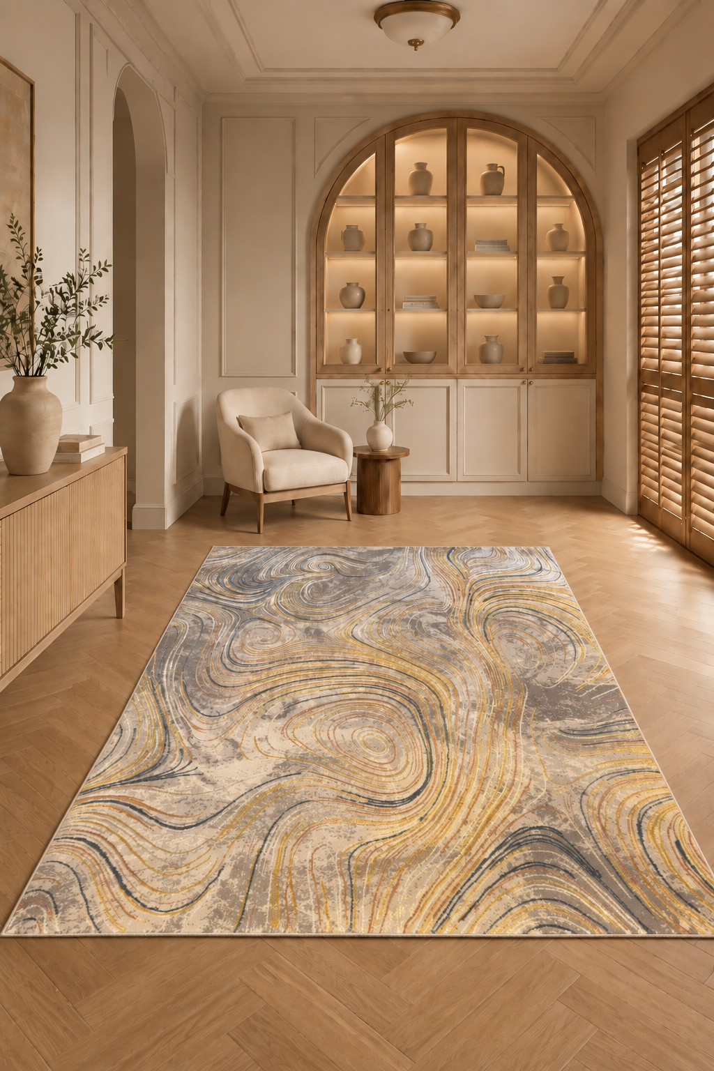 Harir Zumrut 41 “Silver Current” Modern Abstract Rug – Grey & Blue Marble Swirl Area Carpet