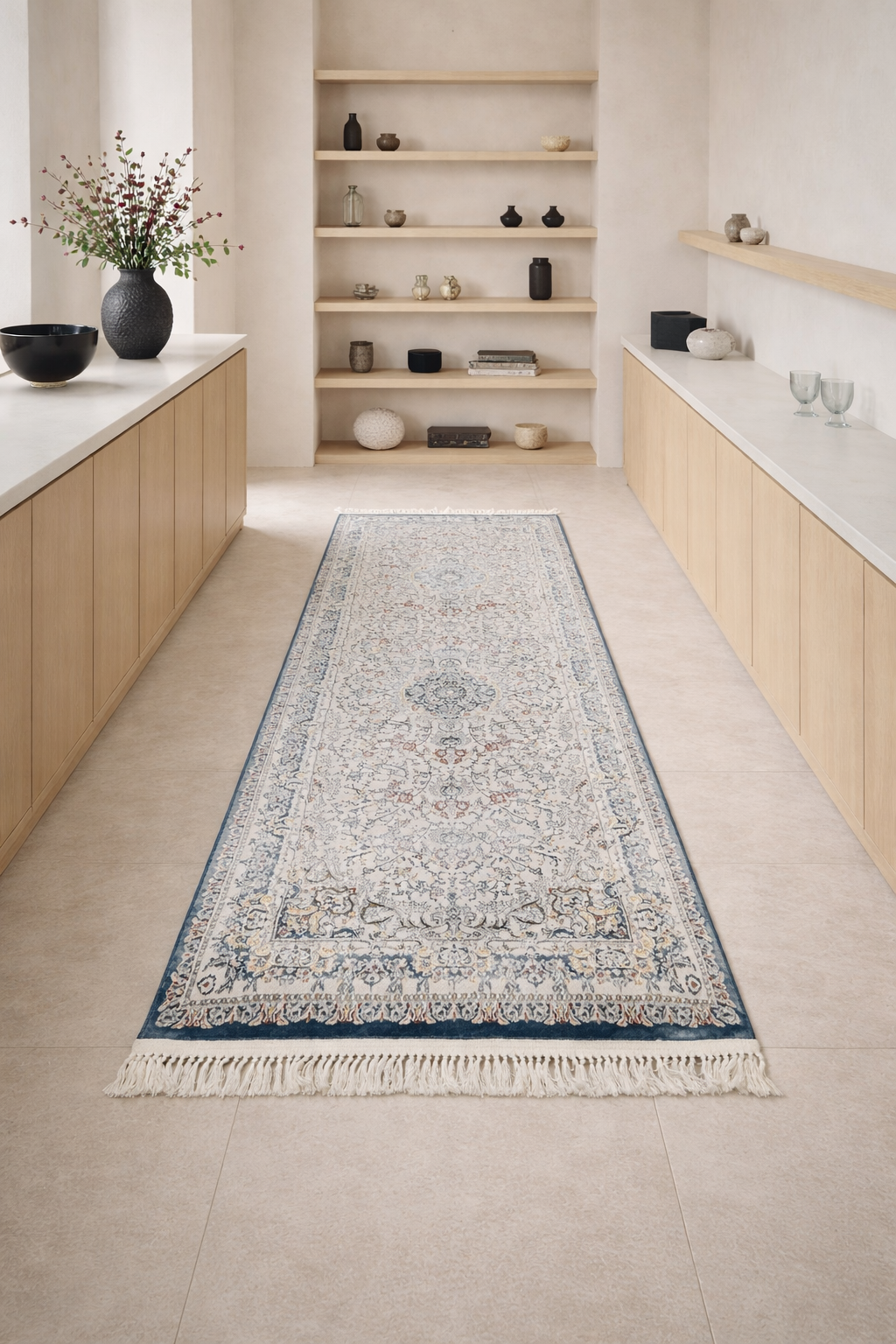 Mashhad “Azure Veil Runner” Classic Persian Corridor Carpet – Elegant Blue Timeless Design
