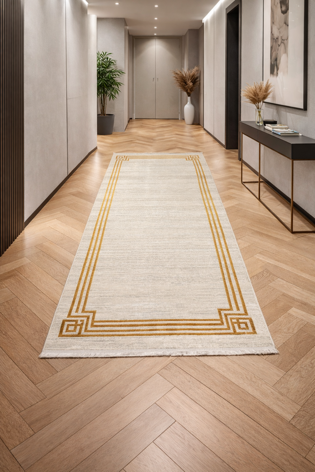 Leon “Golden Frame” Modern Corridor Runner Rug – Cream & Gold Contemporary Hallway Carpet