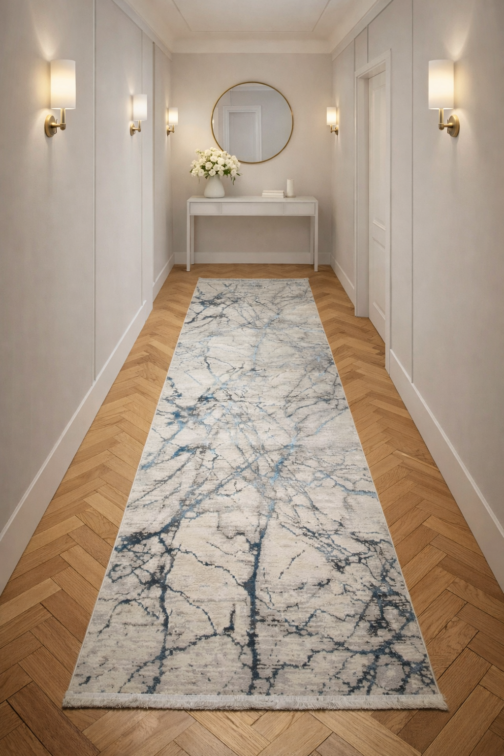 Marble 88 “Vein Flow” Grey-Blue Hallway Runner Rug – Modern Marble Elegance