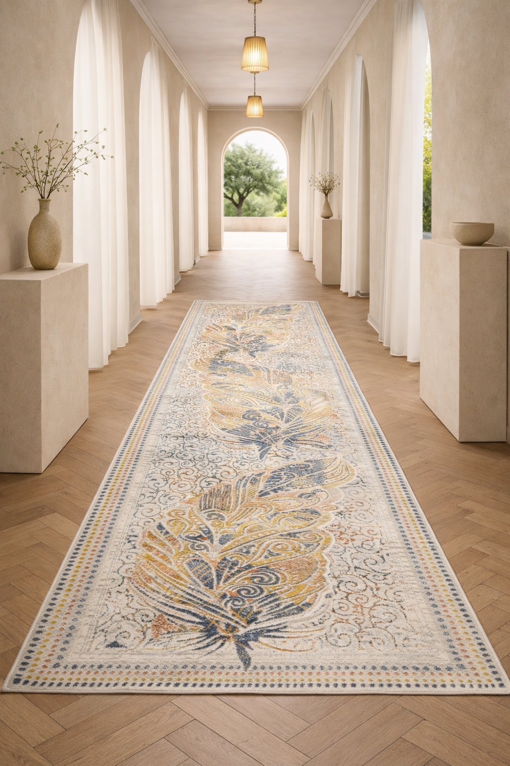 Harir Zumrut “Royal Feather” Vintage Runner Rug – Blue, Gold & Cream Persian Style Corridor Carpet