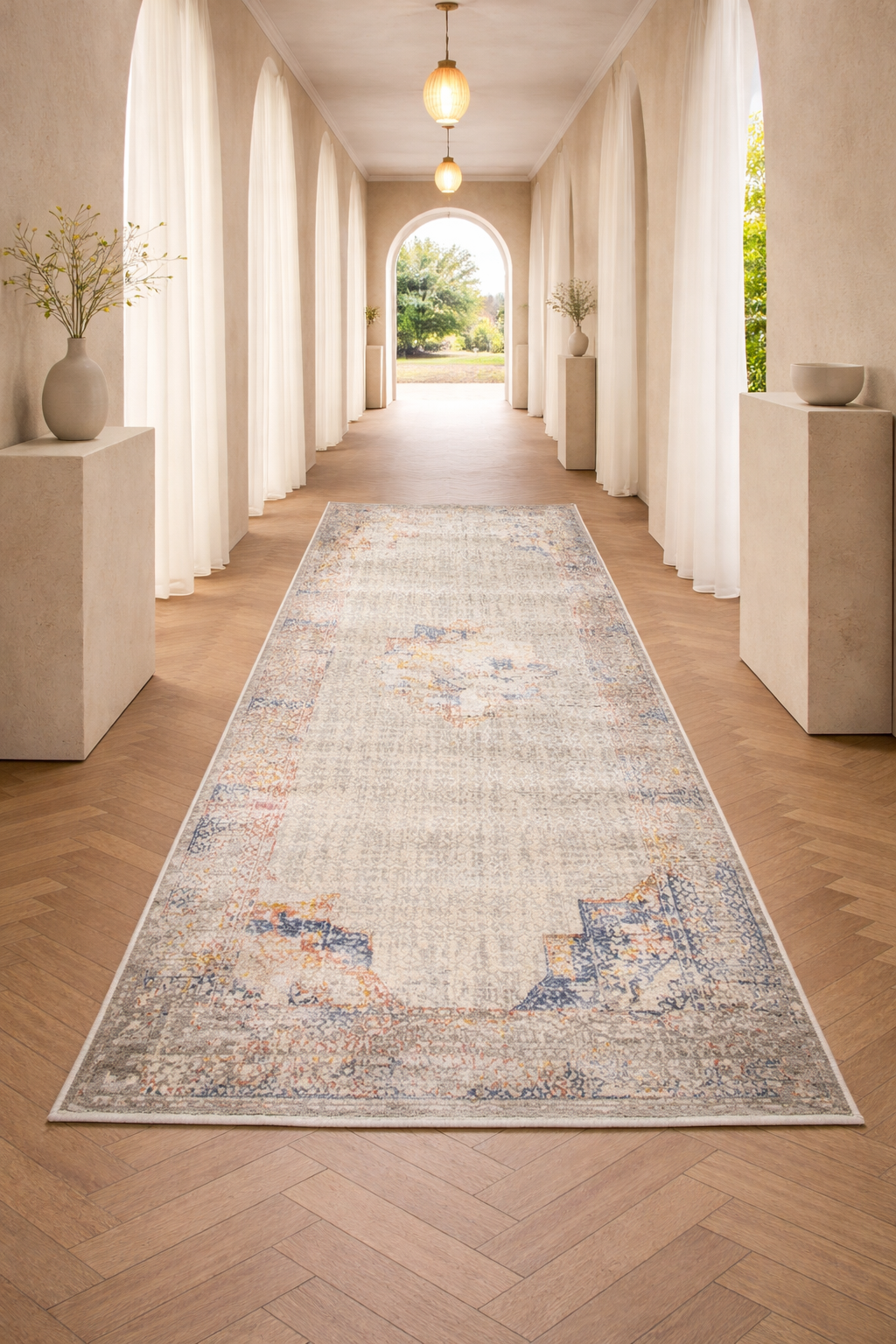 Harir Zumrut “Vintage Mosaic” Modern Oriental Rug – Cream, Blue & Rust Distressed Area Carpet