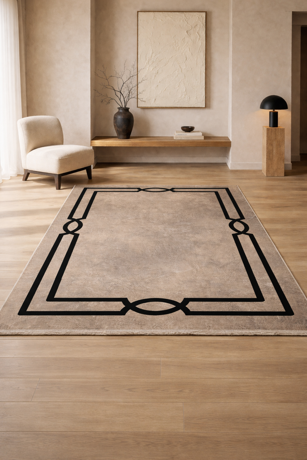 LuxRugs “Midnight Frame” Modern Carpet – Beige & Black Geometric Border Rug