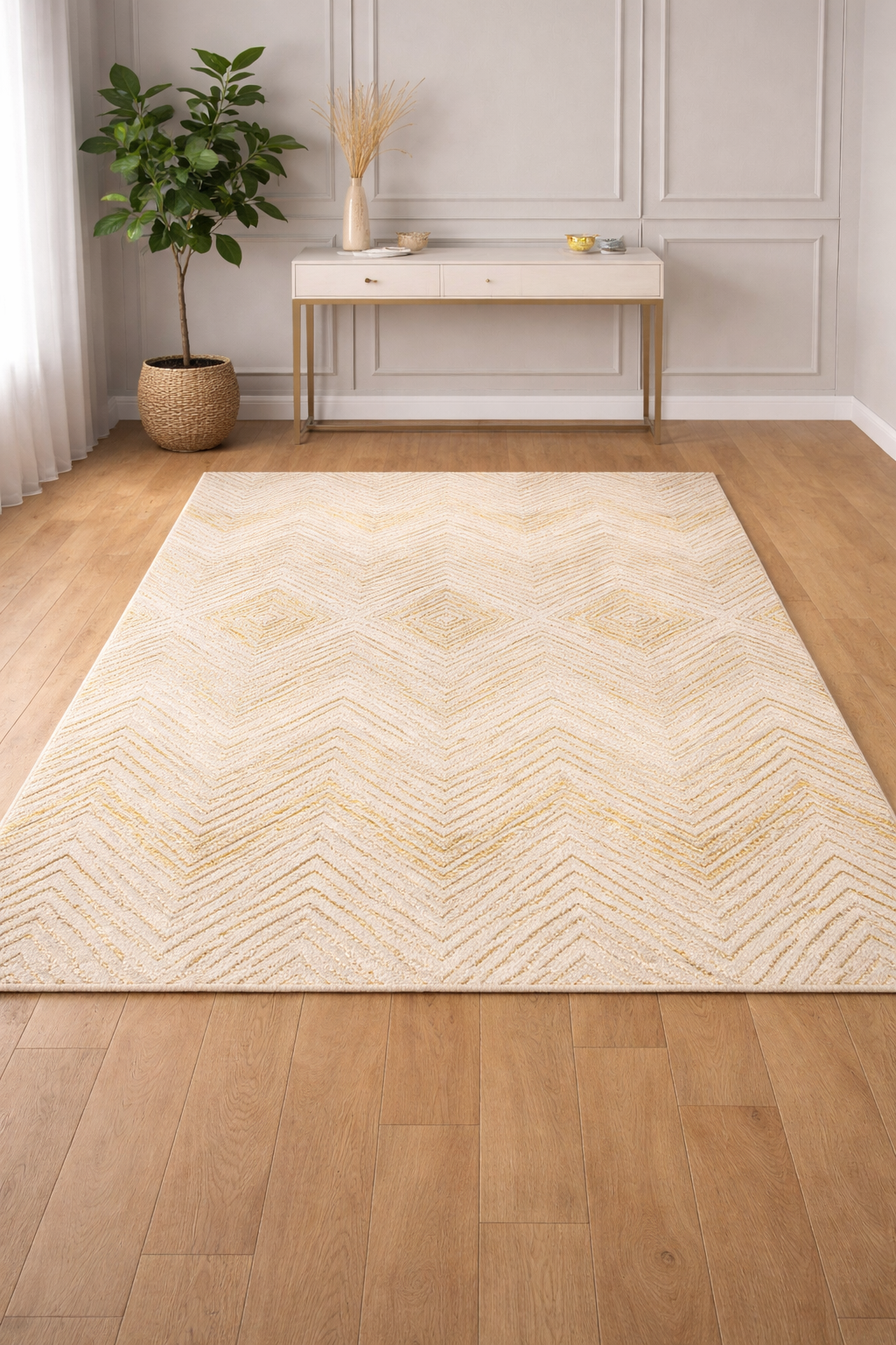 Harir Zumrut 93 “Golden Mirage” Modern Luxury Rug – Cream & Gold Geometric Area Carpet