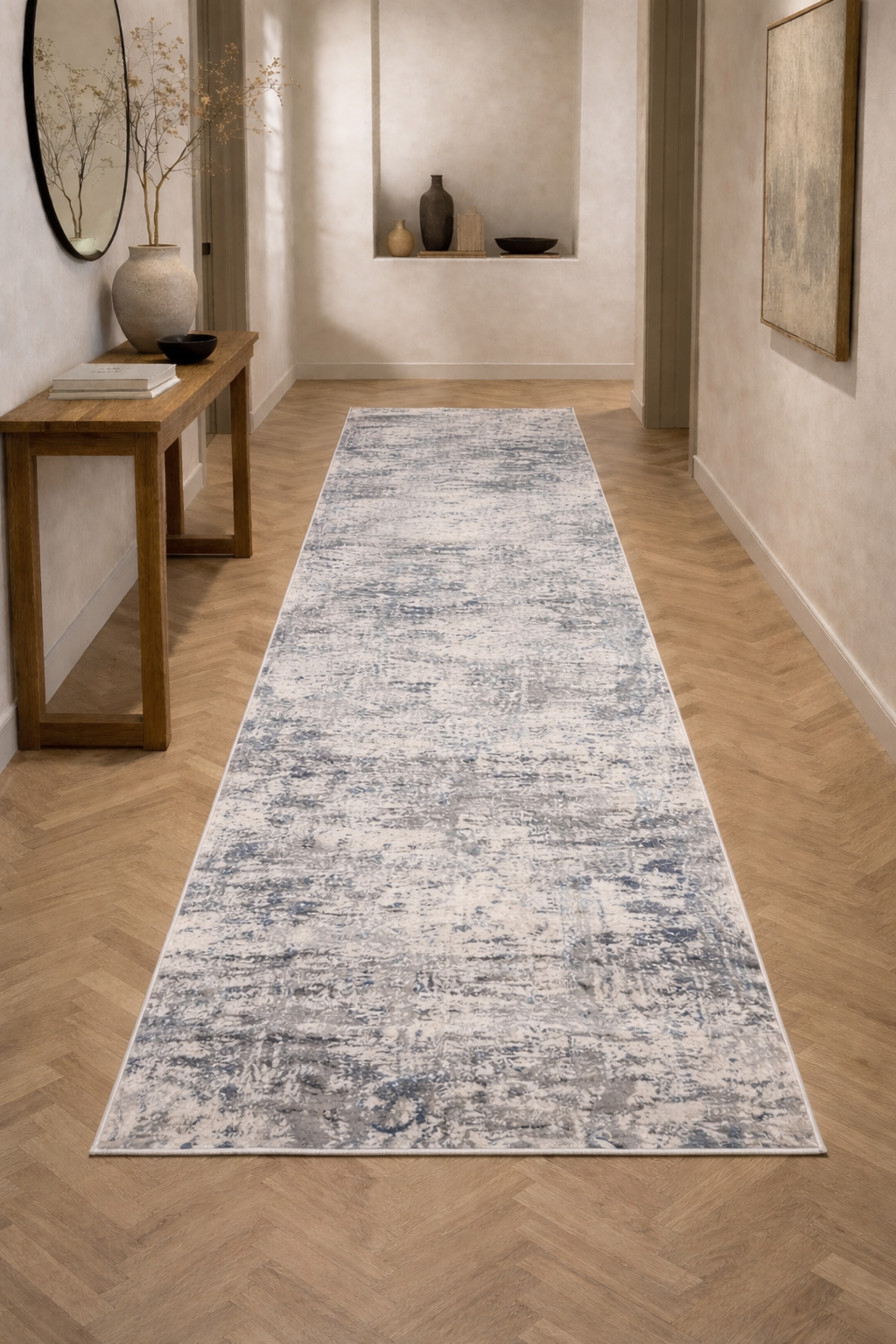 Efes 93 White / Gold Contemporary Runner Rug – Soft Neutral Hallway Carpet