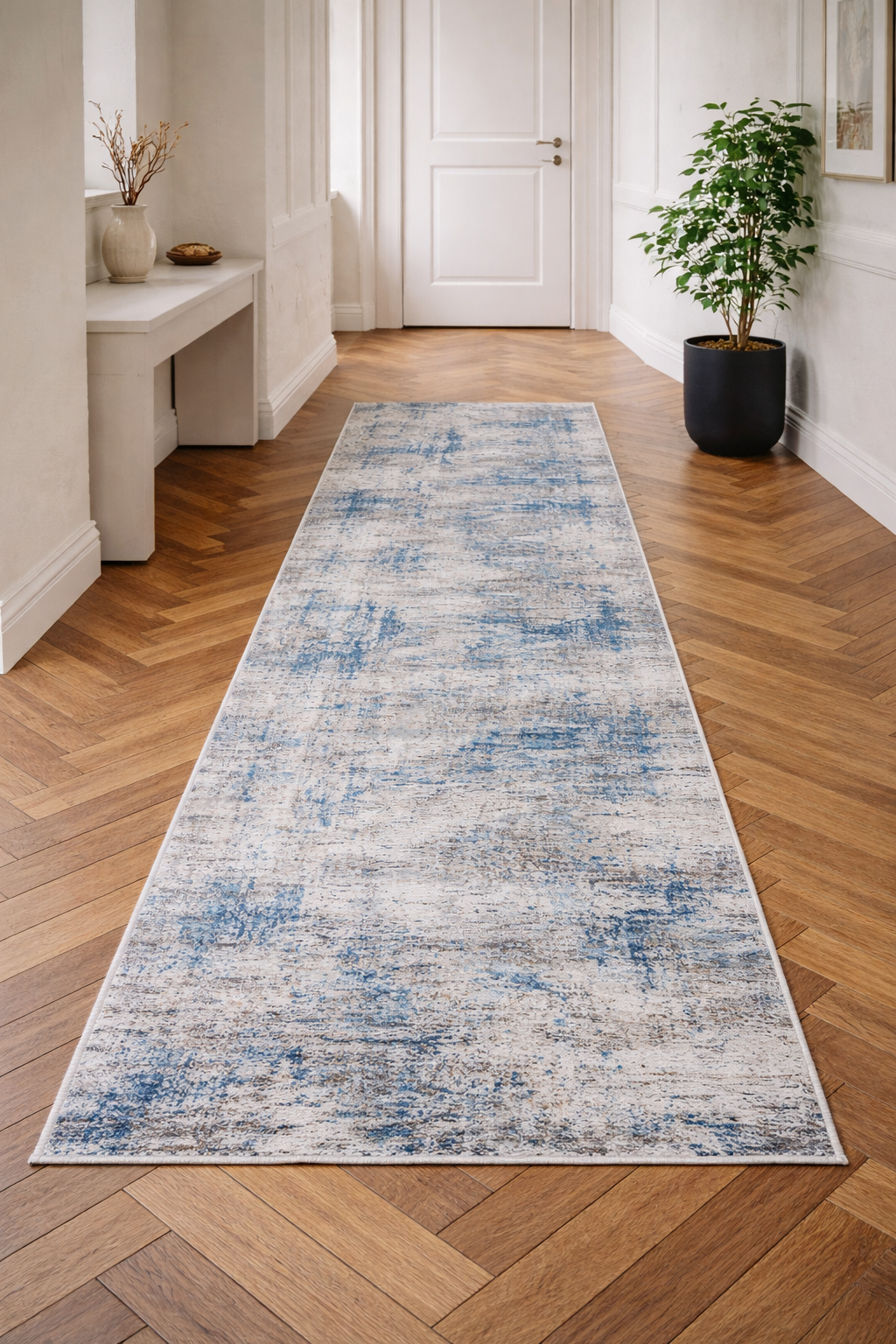 Efes 94 Blue Contemporary Distressed Runner Carpet for Hallway & Entryway