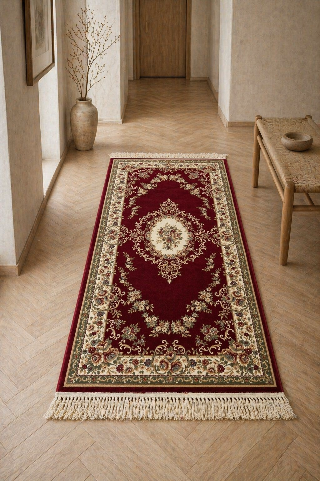Decorative red and beige patterned rug on a wooden floor