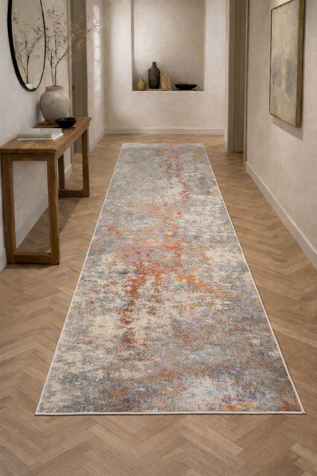 Efes 67 Coral & Grey Distressed Runner Rug – Contemporary Hallway Design