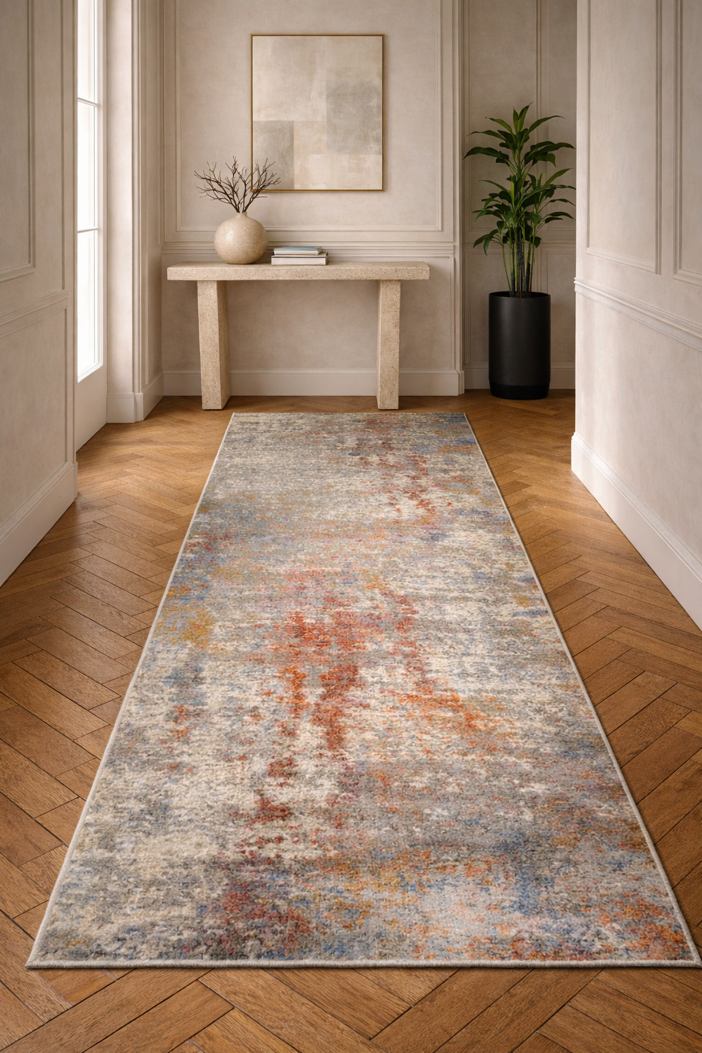 Efes 67 Coral & Grey Distressed Runner Rug – Contemporary Hallway Design