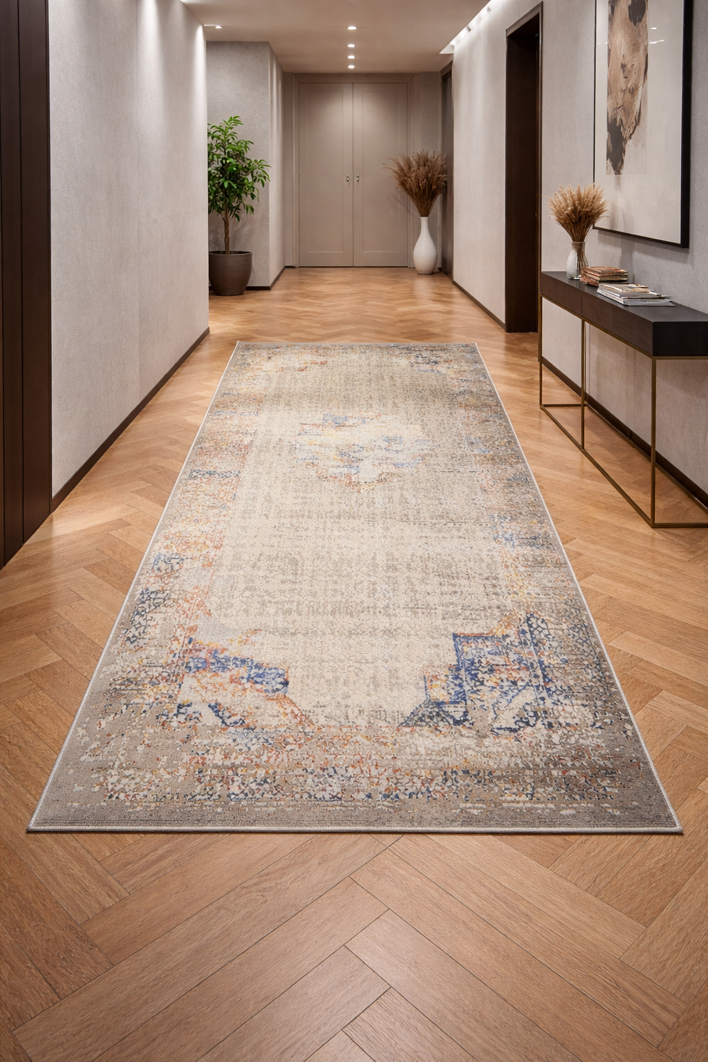 Harir Zumrut “Vintage Mosaic” Modern Oriental Rug – Cream, Blue & Rust Distressed Area Carpet