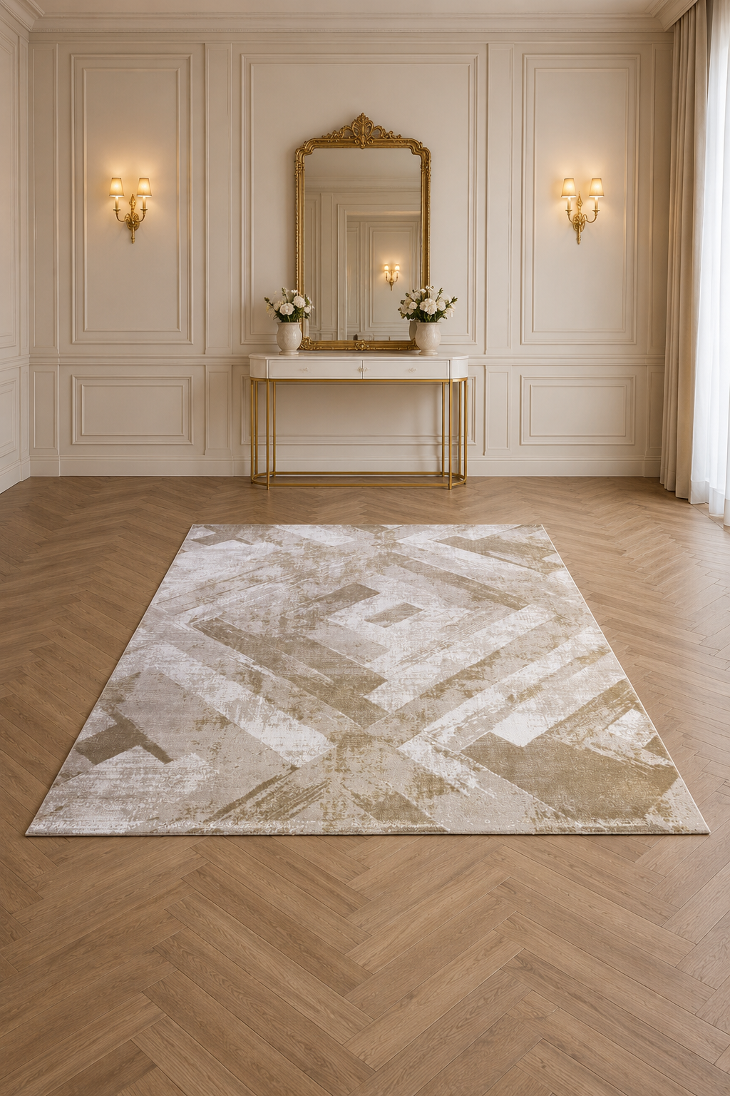 Urbino 407 “Golden Geometry” Modern Abstract Rug – Beige & Gold Geometric Area Carpet
