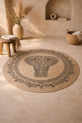 Jute 17986 Natural Black Round Carpet – Handmade Braided Jute Rug with Tribal Elephant Design for Living Room & Entryway