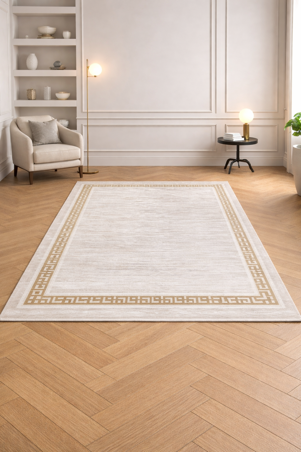 Silk “Golden Frame” Modern Carpet – Beige &amp; Gold Minimalist Border Rug