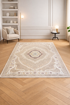 Shakespeare “Royal Garden Medallion” Classic Carpet – Beige Floral Vintage Rug