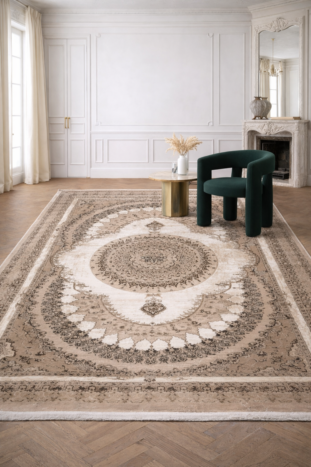 Marble Vintage “Olive Grove” Classic Carpet – Elegant Beige & Dark Green Blend