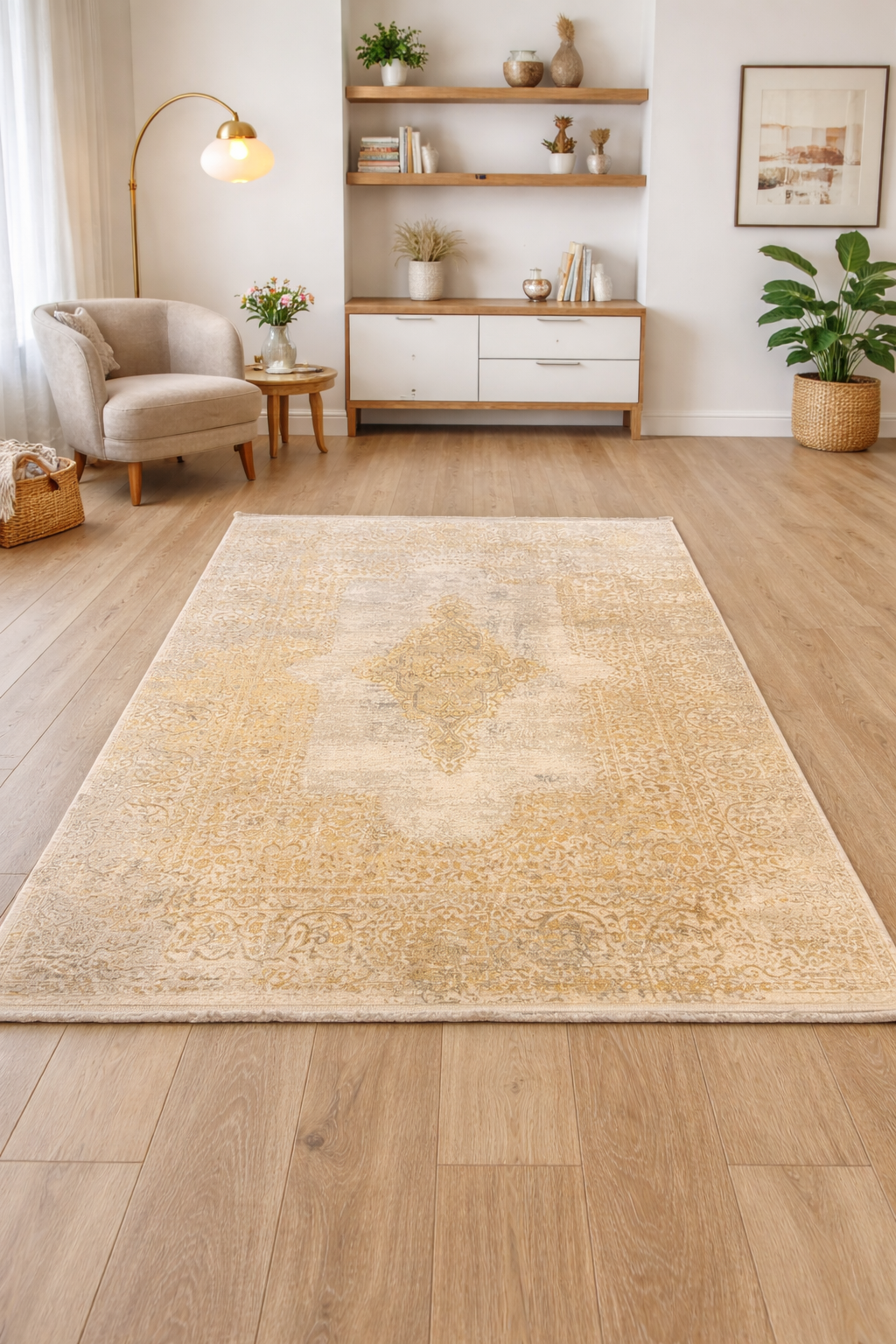 Leon “Golden Reverie” Thin Art Silk Carpet – Vintage Elegance Reimagined