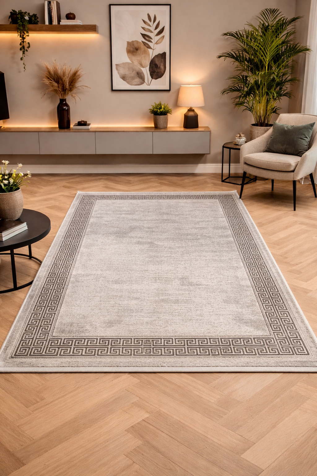 Marble 96-31 “Greek Border Elegance” Modern Area Rug – Cream & Grey Contemporary Frame Carpet
