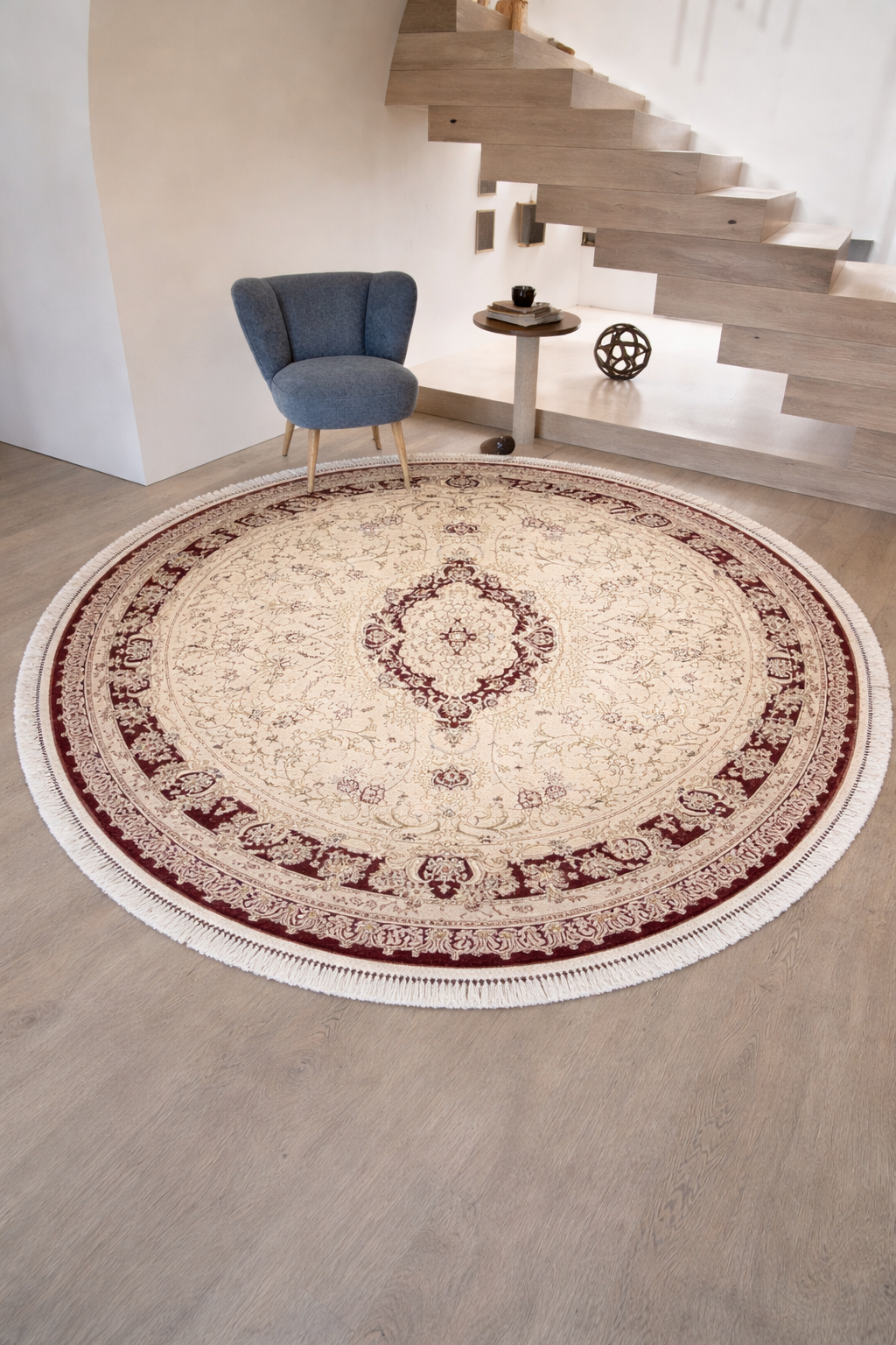 Mashad Royal Round Cream & Burgundy Persian Medallion Carpet for Living Room