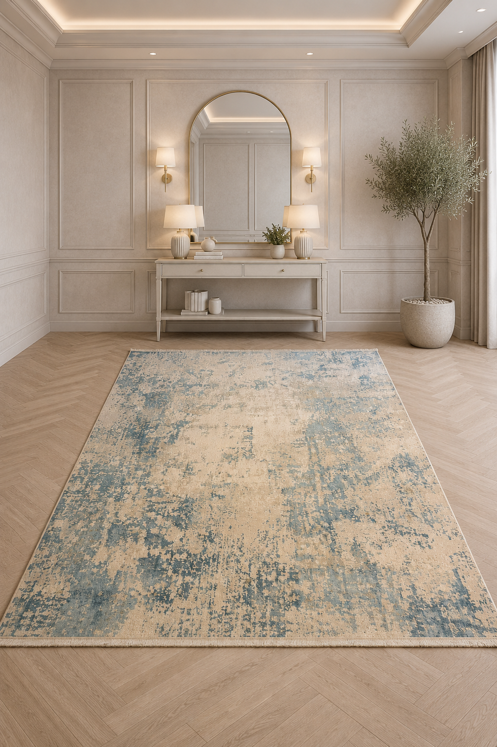Valentino 16 Blue – Elegant Art Silk Rug in Grey & Blue