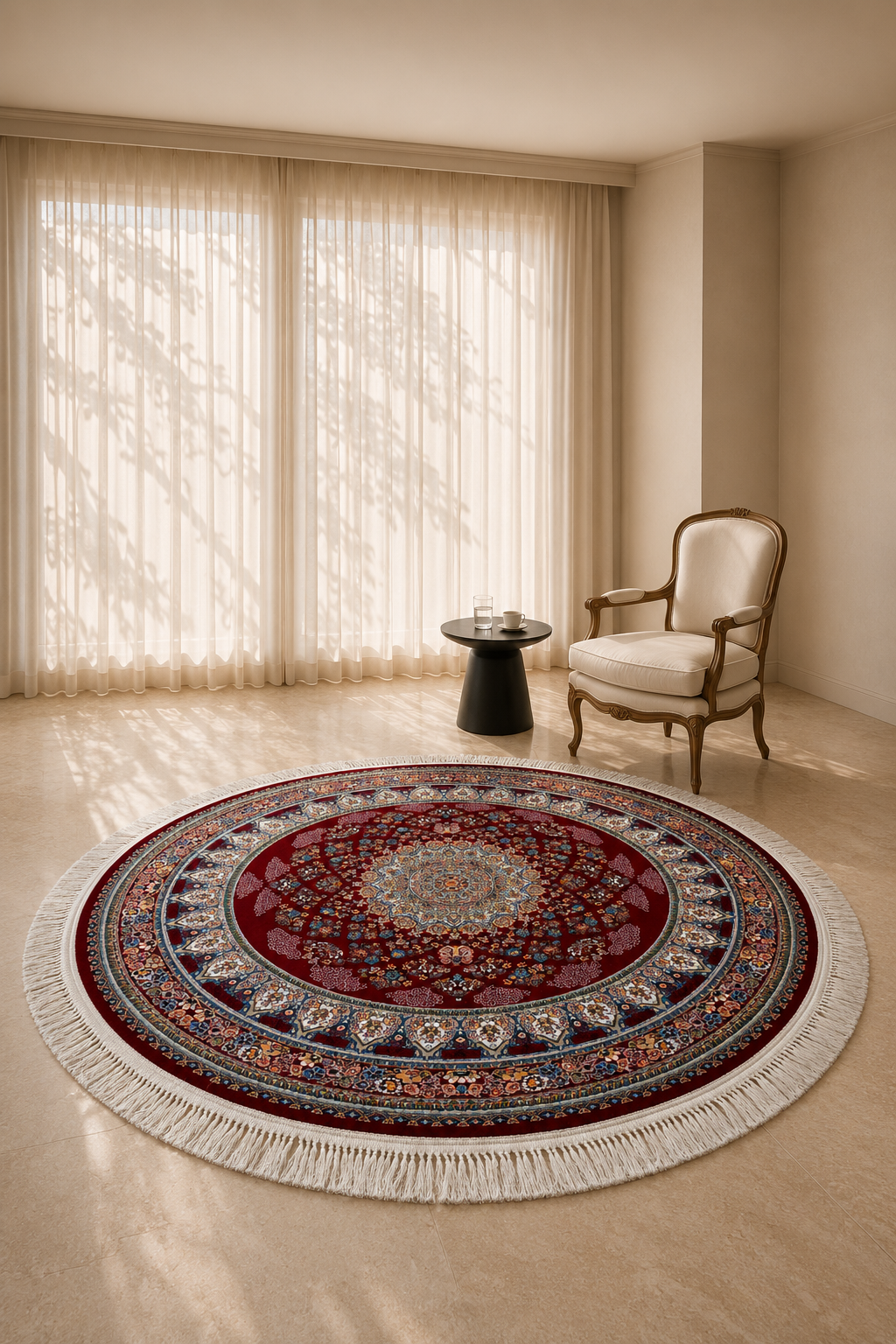 Isfahan Grand Palace Round Carpet – Red Medallion Masterpiece