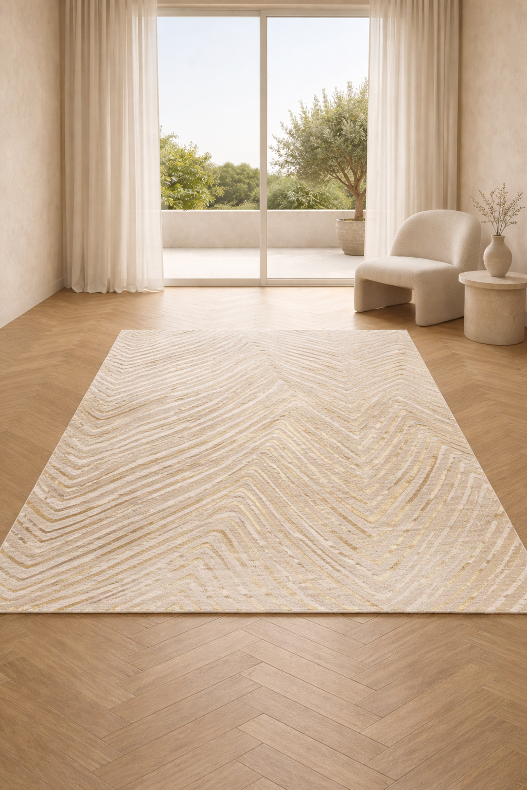 Harir Zumrut 92 “Golden Dune” Modern Luxury Rug – Cream & Gold Abstract Area Carpet