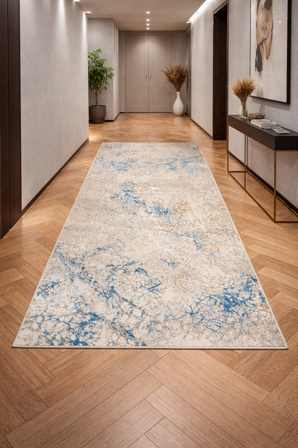 Odessa “Blue Marble Vein” Modern Abstract Rug – Beige & Blue Contemporary Area Carpet