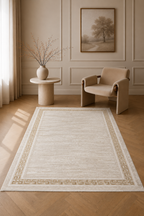 Silk “Golden Frame” Modern Carpet – Beige &amp; Gold Minimalist Border Rug