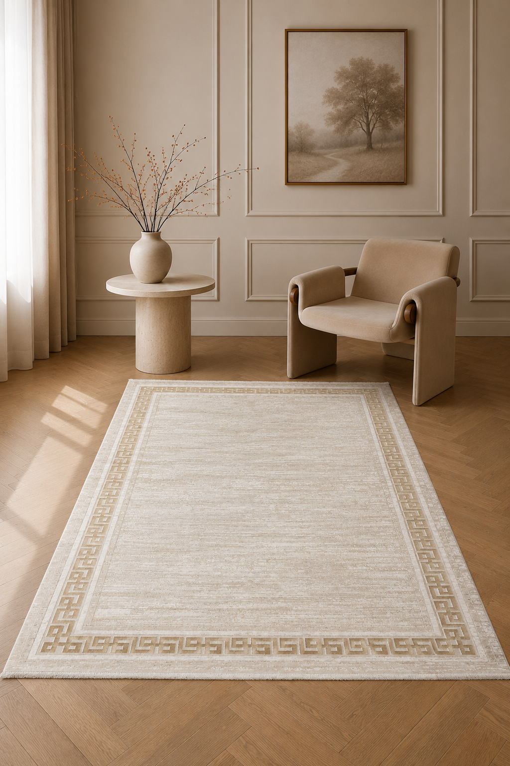 Silk “Golden Frame” Modern Carpet – Beige &amp; Gold Minimalist Border Rug