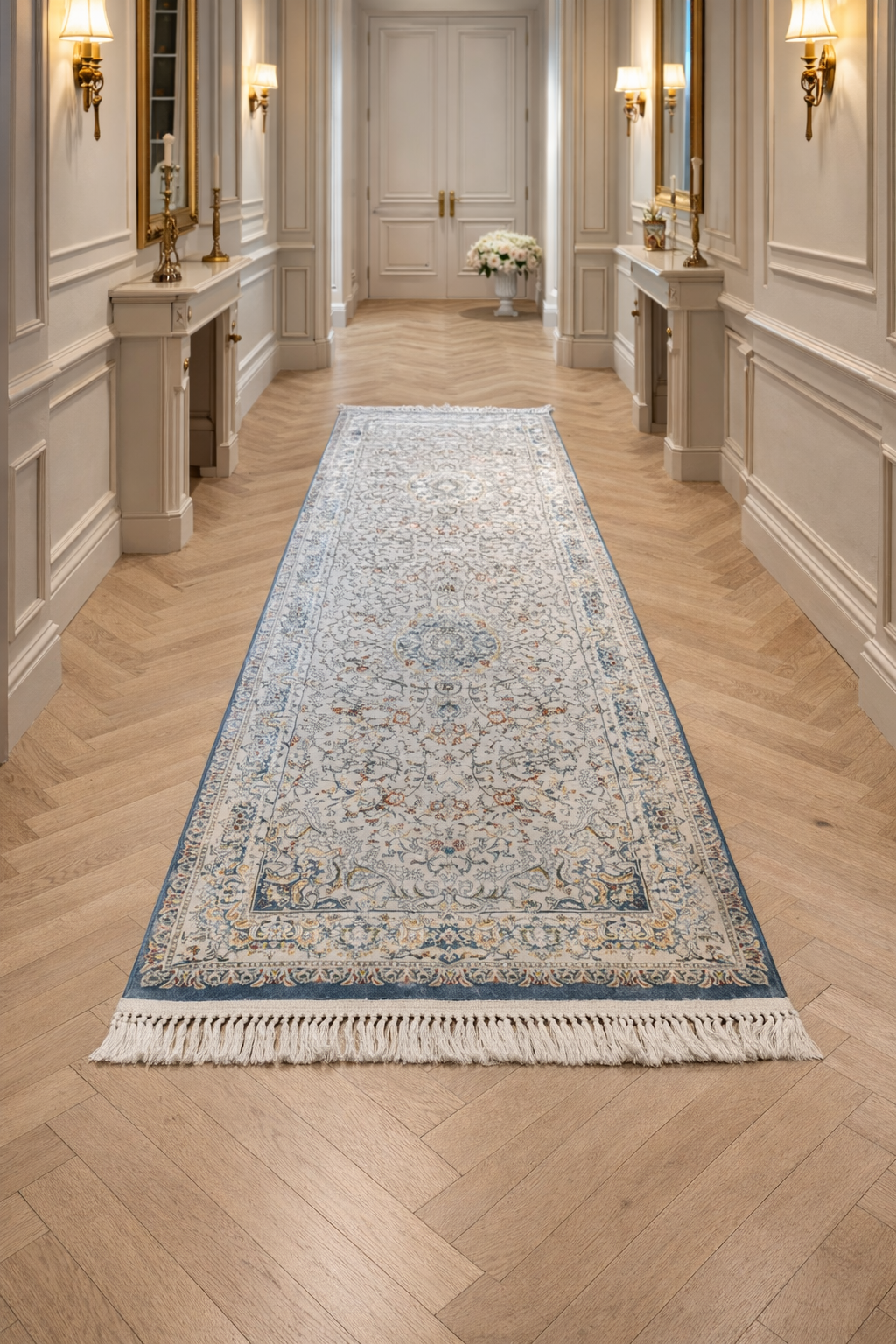 Mashhad “Azure Veil Runner” Classic Persian Corridor Carpet – Elegant Blue Timeless Design