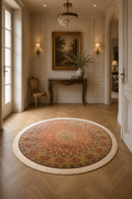Qum Imperial Ruby Palace Silk Round Area Rug – Authentic Iranian Persian Luxury Carpet in Crimson Red, Ivory, Gold & Midnight Blue