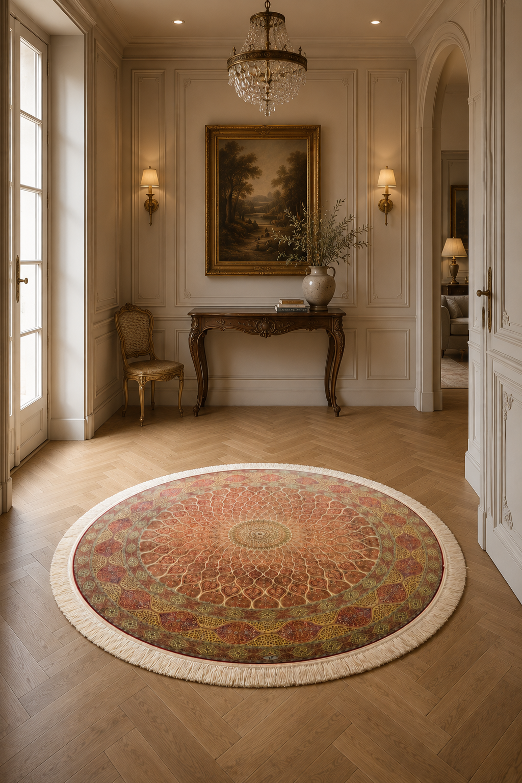 Qum Imperial Ruby Palace Silk Round Area Rug – Authentic Iranian Persian Luxury Carpet in Crimson Red, Ivory, Gold & Midnight Blue
