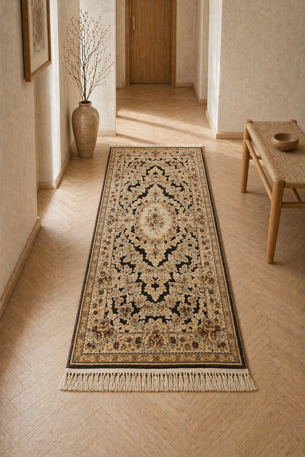 Tiffany Royal Medallion Runner Carpet – Classic Brown Hallway Rug | Elegant Vintage Corridor Carpet