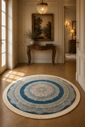 Qum Imperial Celestial Medallion Silk Round Area Rug – Authentic Iranian Luxury Carpet in Midnight Blue, Silver Mist, Ivory & Blush Pink