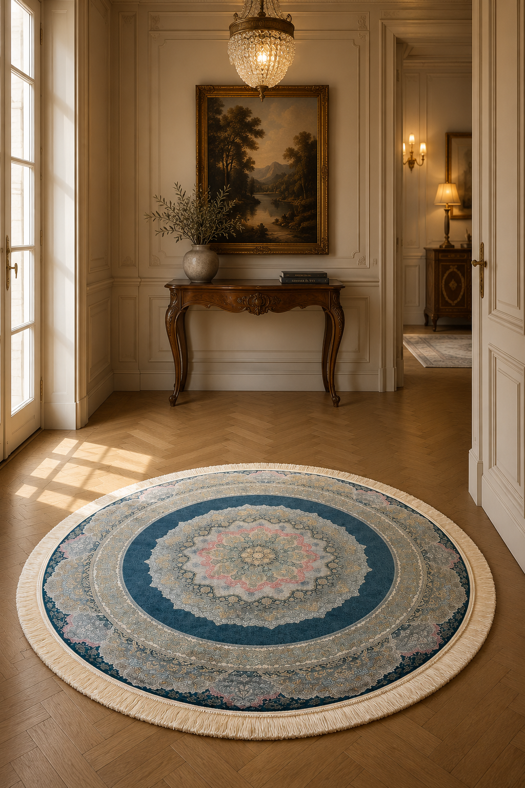 Qum Imperial Celestial Medallion Silk Round Area Rug – Authentic Iranian Luxury Carpet in Midnight Blue, Silver Mist, Ivory & Blush Pink
