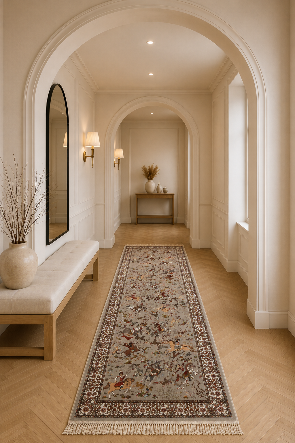 Esfahan Royal Persian Hunting Scene Runner Rug – Authentic Iranian Machine-Made Carpet in Dove Grey, Ivory, Walnut Brown, Olive Green & Burgundy