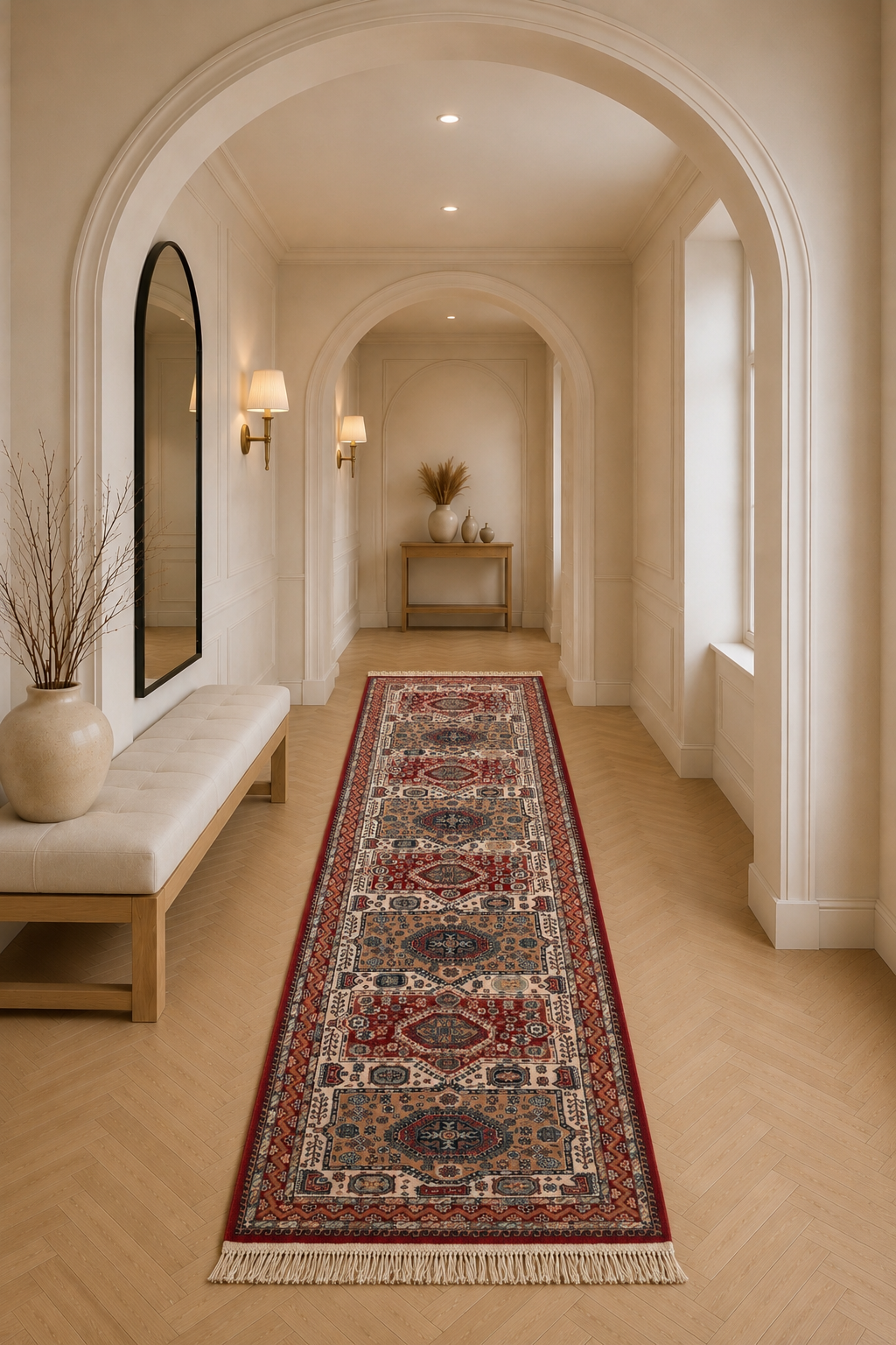 Royal Imperial Heritage Medallion Wool Runner Rug – Premium Belgian Carpet in Burgundy, Navy Blue, Ivory & Camel Beige