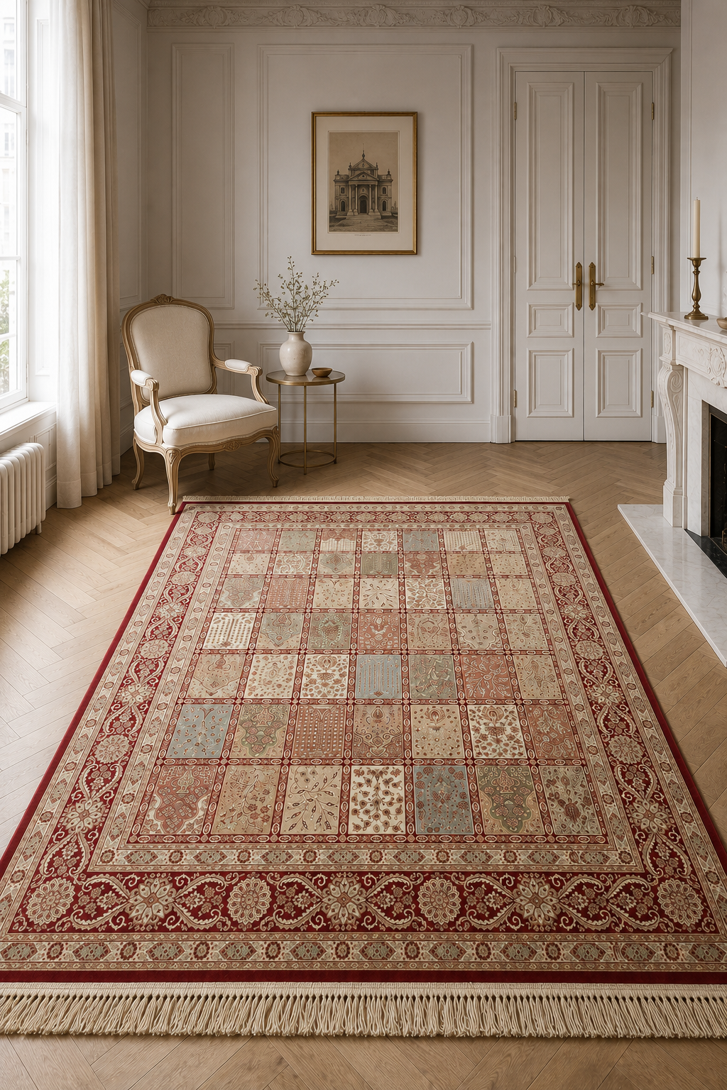 Comtesse Royale Heritage Persian Patchwork Luxury Area Rug – Burgundy, Ivory & Sage Traditional Living Room Carpet