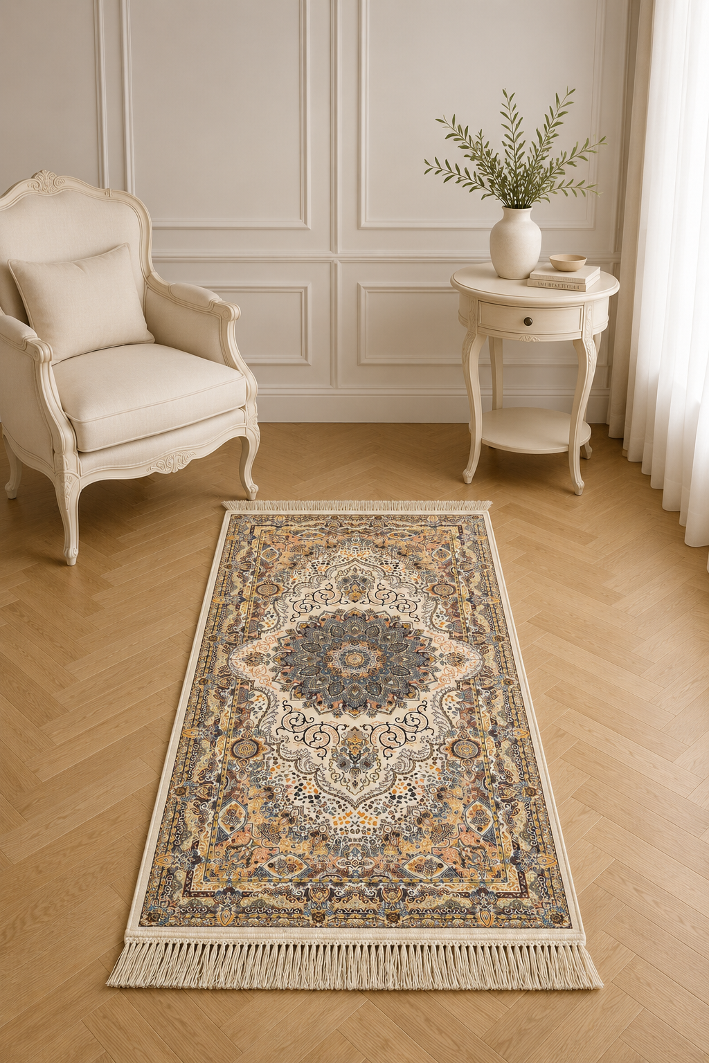 Mashhad “Ivory Sultan” Carpet – Classic Persian Medallion Rug for Living Room & Majlis