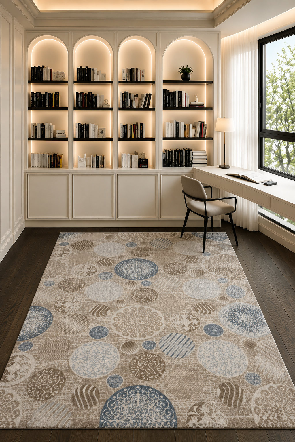 Shakespeare Celestial Mosaic Circles Area Rug – Modern Contemporary Carpet in Ivory, Sky Blue, Taupe & Soft Grey