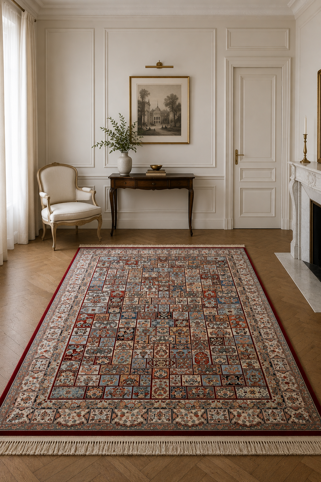 Esfahan Imperial Mosaic Garden Persian Luxury Area Rug – Ivory, Sky Blue & Burgundy Traditional Living Room Carpet