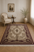 Shehrazad Royal Beige & Burgundy Classic Medallion Carpet – Belgian Crafted Luxury Living Room Rug